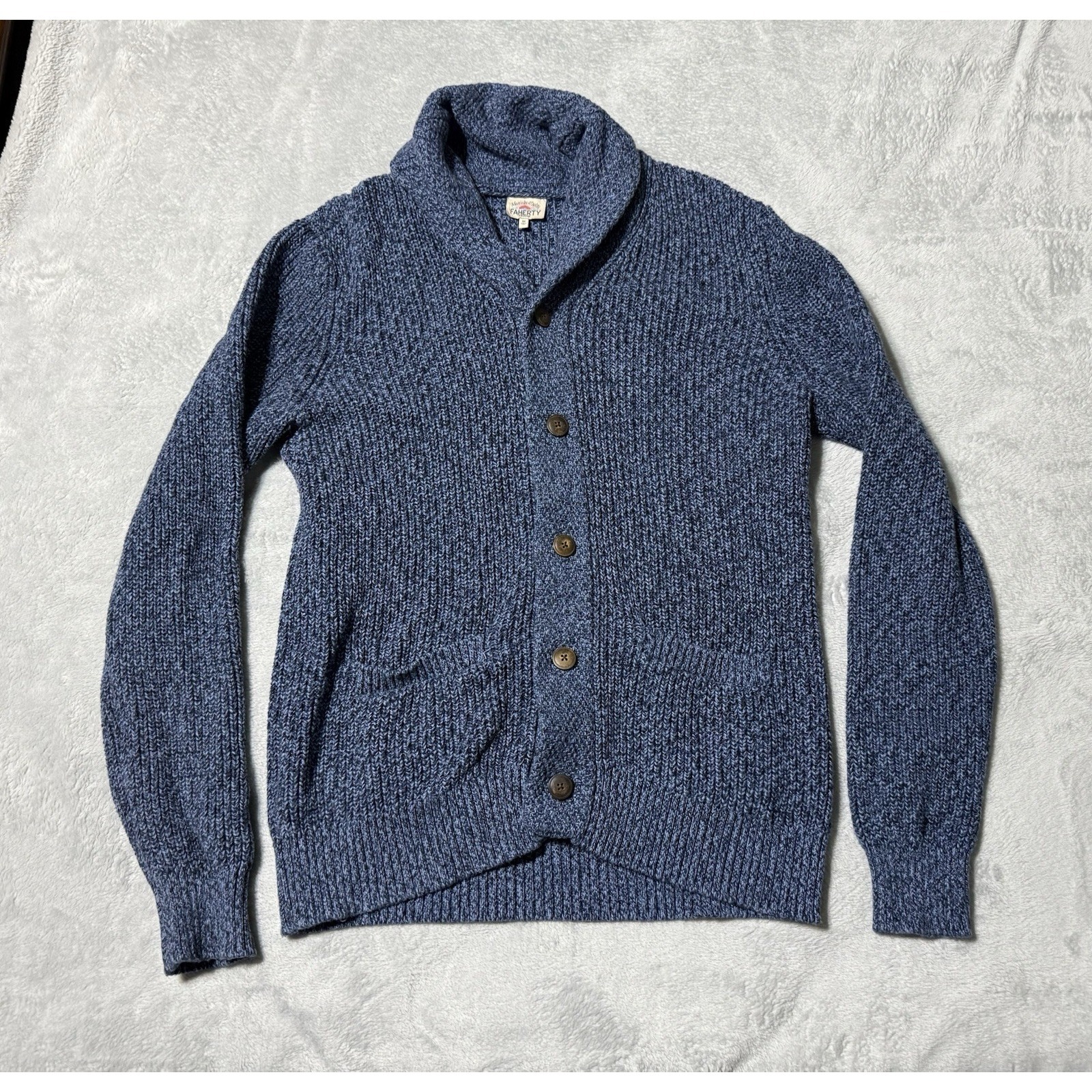 Faherty Brand Mens M Blue Marled Cotton Cashmere Shawl Collar Cardigan Sweater